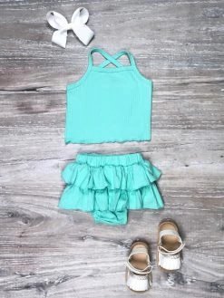 Sydney So Sweet Mint Ribbed Knit Ruffle Bloomer Baby Girl Set