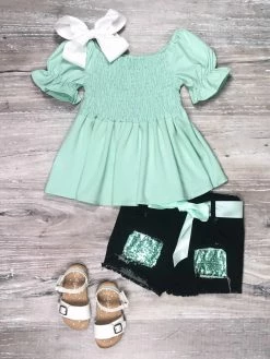 Sydney So Sweet Mint Smocked Puff Sleeve Sequin Denim Girls Shorts Outfit