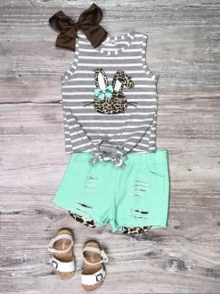 Sydney So Sweet Mint To Be Bunny Cheetah Stripe Denim Patch Girls Shorts Outfit