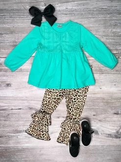 Sydney So Sweet Mint To Be Cheetah Ruffle Girls Leggings Outfit 2 Piece Pants Outfits