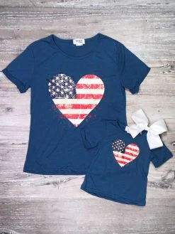 Sydney So Sweet Mommy And Me - American Flag Heart Blue Matching Patriotic Tops New Arrivals