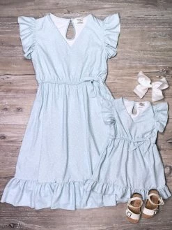 Sydney So Sweet Mommy And Me - Light Blue Polka Dot Matching Midi Dresses