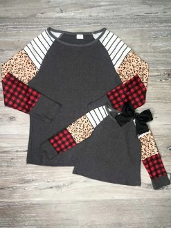 Sydney So Sweet Mom & Me Matching Mommy And Me - Cheetah Stripe Plaid Gray Thermal Waffle Knit Matching Top