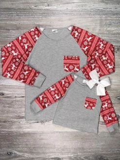 Sydney So Sweet Mommy And Me - Cozy Red Fair Isle Gray Thermal Knit Matching Tops