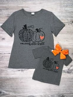 Sydney So Sweet Mommy And Me - Hello Fall Pumpkin Gray Short Sleeve Matching T-Shirt