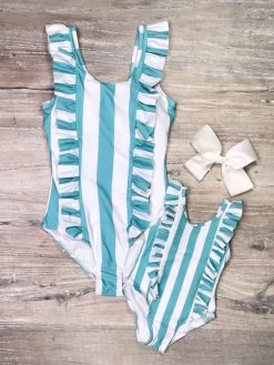 Sydney So Sweet Mommy And Me Swimsuit - Light Blue & White Stripe Ruffle Matching One Piece