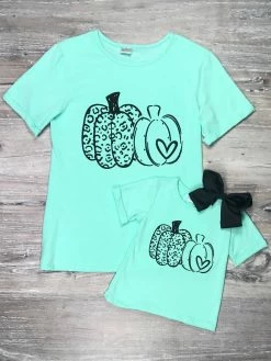 Sydney So Sweet Mommy And Me - Love Fall Mint Cheetah Pumpkin Matching T-Shirt Mom & Me Matching