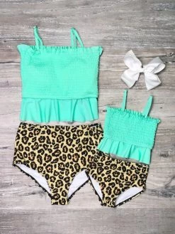 Sydney So Sweet Mommy And Me Swimsuit - Mint Cheetah Smocked High Waisted Tankini Bikini Best Sellers