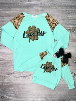 Sydney So Sweet Mom & Me Matching Mommy And Me - Sassy Cheetah Lucky Shamrock Mint Matching Tops