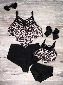 Sydney So Sweet Mommy & Me & Family Swim Mommy And Me Swimsuits - Black Leopard Criss Cross Flounce Two Piece Bikini