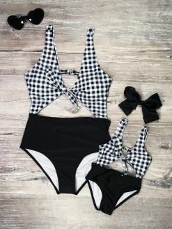 Sydney So Sweet Mommy And Me Swimsuits - Black & White Gingham Cutout Matching One Piece Mommy & Me & Family Swim