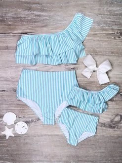 Sydney So Sweet Mommy & Me & Family Swim Mommy And Me Swimsuits - Blue & White Stripe Ruffle One Shoulder Two Piece Bikini