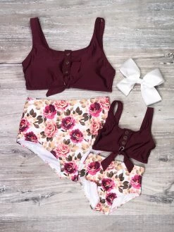 Sydney So Sweet Mommy And Me Swimsuits - Burgundy Blossom Floral Tie Knot Two Piece Bikini Mommy & Me & Family Swim