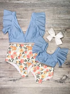 Sydney So Sweet Mommy And Me Swimsuits - Peach Rose Blue Matching High Waisted Two Piece Bikini