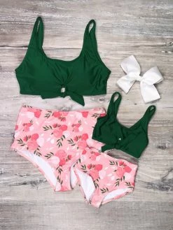 Sydney So Sweet Mommy & Me & Family Swim Mommy And Me Swimsuits - Pink Garden Green Floral Tie Knot Two Piece Bikini