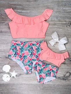 Sydney So Sweet Mommy And Me Swimsuits - Tropical Peach Ruffle High Waisted Two Piece Bikini