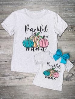 Sydney So Sweet Mom & Me Matching Mommy And Me - Colorful Pumpkin Thankful Mama Mini Gray Matching T-Shirt
