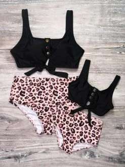 Sydney So Sweet Mommy And Me - Blush Wild Cheetah Button Tie Top High Waisted Matching Bikini