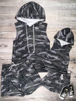 Sydney So Sweet Shorts & Capri Outfits Mommy And Me - Camo Hooded Matching Tank Shorts Outfit