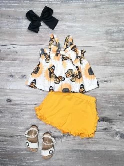 Sydney So Sweet Monarch Butterfly Daisy Yellow Ruffle Girls Shorts Outfit