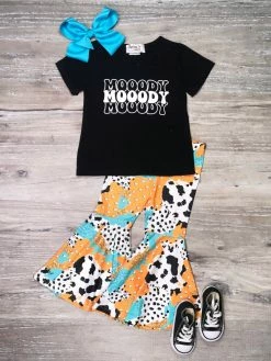 Sydney So Sweet Moody Moody Moody Blue & Orange Cow Print Bell Bottom Girls Outfit