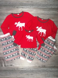 Sydney So Sweet Moose Fair Isle Plaid Red Winter Matching Family Pajamas Mom & Me Matching