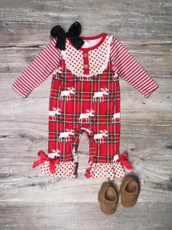 Sydney So Sweet Moose Winter Tartan Plaid Polka Stripe Girls Baby Romper Baby Boutique