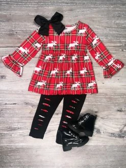 Sydney So Sweet Moose Winter Tartan Plaid Distressed Leggings Girls Outfit 2 Piece Pants Outfits