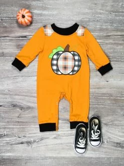 Sydney So Sweet Mustard Argyle Plaid Pumpkin Boys Fall Baby Romper