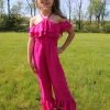 Sydney So Sweet New Arrivals Magenta Pink Cold Shoulder Ruffle Girls Jumpsuit