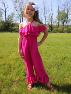 Sydney So Sweet New Arrivals Magenta Pink Cold Shoulder Ruffle Girls Jumpsuit