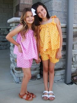 Sydney So Sweet Yellow Orange Polka Tie Strap Ruffle Girls Shorts Outfit New Arrivals 7 Sydney So Sweet Yellow Orange Polka Tie Strap Ruffle Girls Shorts Outfit New Arrivals