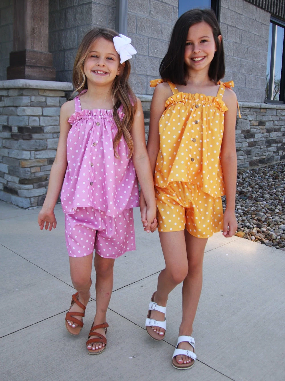 Sydney So Sweet Yellow Orange Polka Tie Strap Ruffle Girls Shorts Outfit New Arrivals 4 Sydney So Sweet Yellow Orange Polka Tie Strap Ruffle Girls Shorts Outfit New Arrivals