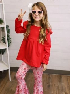 Sydney So Sweet Valentine's Day Love Your Heart Red & Pink Bell Bottom Ruffle Girls Outfit
