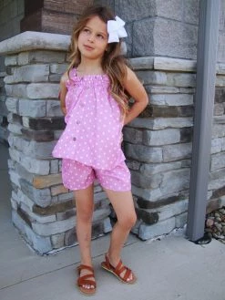 Sydney So Sweet New Arrivals Blush Pink Polka Tie Strap Ruffle Girls Shorts Outfit