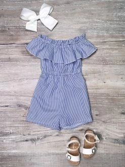 Sydney So Sweet Rompers & Jumpsuits Navy Blue & White Stripe Ruffle Girls Shorts Romper