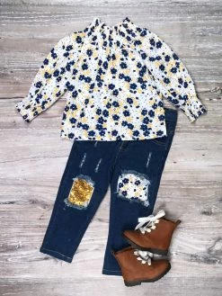 Sydney So Sweet Navy Gold Floral Sequin Smocked Denim Patch Girls Outfit