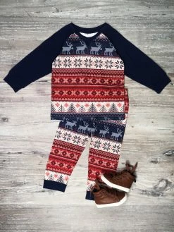 Sydney So Sweet Navy & Red Cozy Fair Isle Boys Jogger Outfit