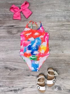 Sydney So Sweet Neon Rainbow Dinosaur Girls One Piece Swimsuit
