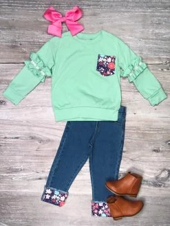 Sydney So Sweet Never Grow Up Mint Floral Ruffle Girls Denim Outfit