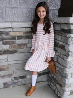 Sydney So Sweet Dresses & Skirt Sets Blush Pink & White Stripe Ruffle Flare Girls Dress