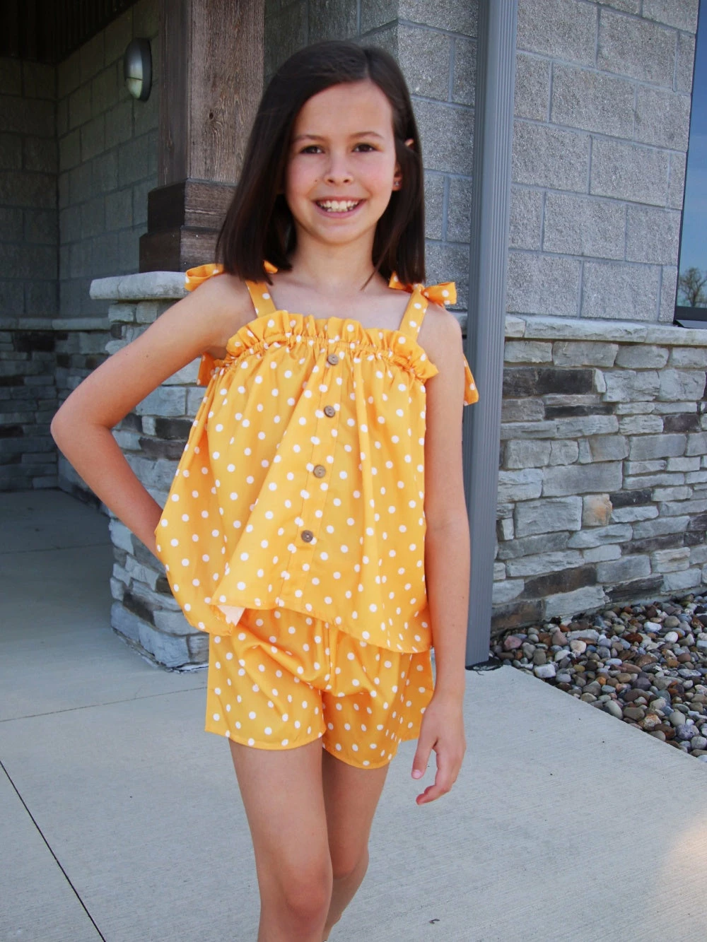 Sydney So Sweet Yellow Orange Polka Tie Strap Ruffle Girls Shorts Outfit New Arrivals 1 Sydney So Sweet Yellow Orange Polka Tie Strap Ruffle Girls Shorts Outfit New Arrivals