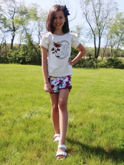 Sydney So Sweet New Arrivals Stay Wild Wildflower Plum Floral Ruffle Girls Shorts Outfit
