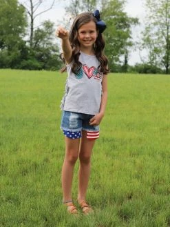 Sydney So Sweet Peace, Love, America Fringe Flag Denim Girls Shorts Outfit
