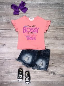 Sydney So Sweet Not Bossy Leadership Skills Pink Ruffle Denim Girls Shorts Outfit