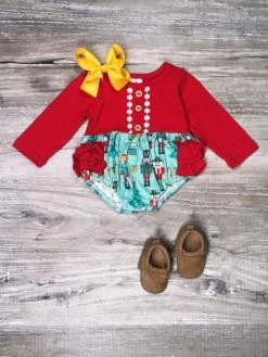 Sydney So Sweet Baby Boutique Nuts About Nutcracker Red Ruffle Girls Christmas Baby Romper