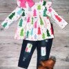 Sydney So Sweet 2 Piece Pants Outfits Oh Christmas Tree Pink & Green Denim Patch Girls Outfit