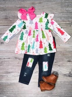 Sydney So Sweet 2 Piece Pants Outfits Oh Christmas Tree Pink & Green Denim Patch Girls Outfit