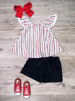 Sydney So Sweet Oh My Stars & Stripes Flutter Red & Blue Girls 4th Of July Shorts Outfit