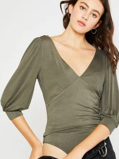 Sydney So Sweet Olive Green Deep V-Neck Balloon Sleeve Women's Bodysuit Women's Clothing
